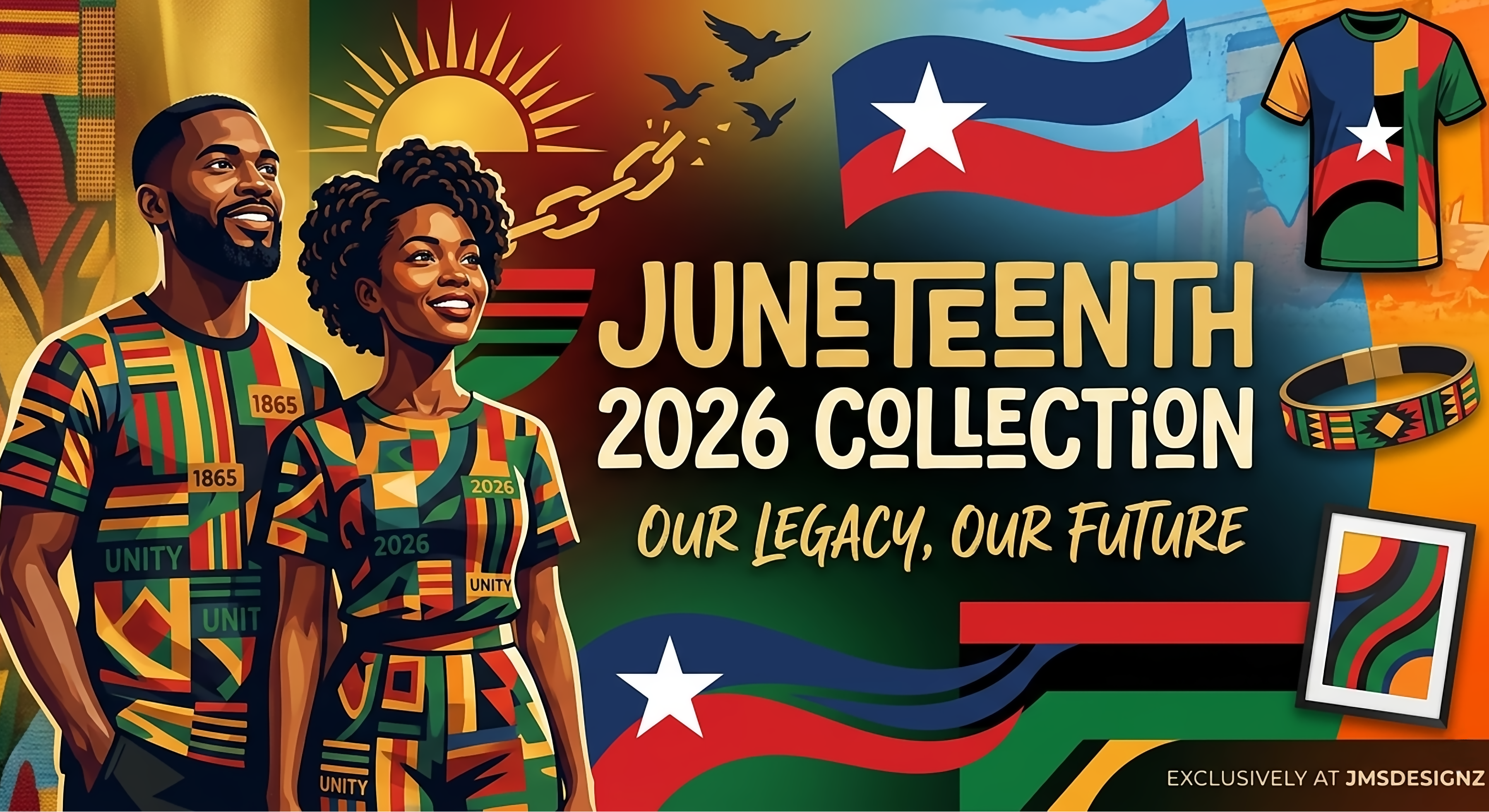 Promotional graphic for Juneteenth 2026 Collection featuring two people in patterned clothing, a flag, and accessories.